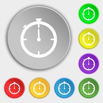 Timer sign icon. Stopwatch symbol.. Symbols on eight flat buttons. illustration