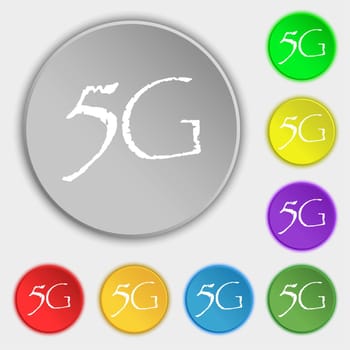 5G sign icon. Mobile telecommunications technology symbol. Symbols on eight flat buttons. illustration