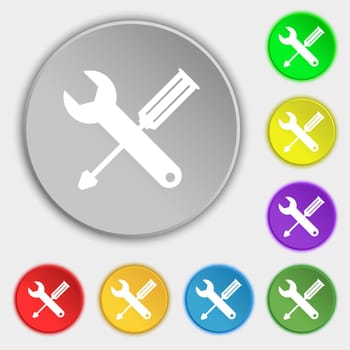 Repair tool sign icon. Service symbol. screwdriver with wrench. Symbols on eight flat buttons. illustration