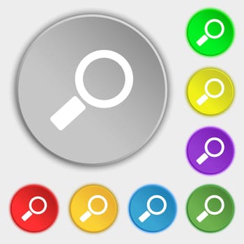 Magnifier glass sign icon. Zoom tool button. Navigation search symbol. Symbols on eight flat buttons. illustration