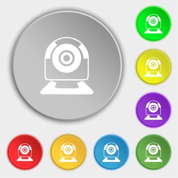 Webcam sign icon. Web video chat symbol. Camera chat. Symbols on eight flat buttons. illustration