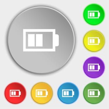 Battery half level sign icon. Low electricity symbol. Symbols on eight flat buttons. illustration