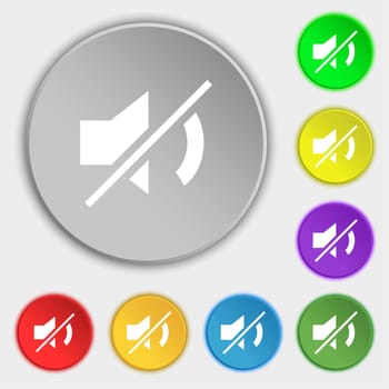 Mute speaker sign icon. Sound symbol.. Symbols on eight flat buttons. illustration