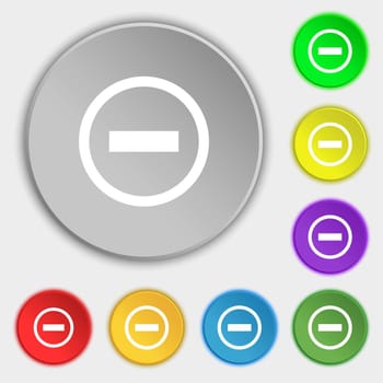 Minus sign icon. Negative symbol. Zoom out. Symbols on eight flat buttons. illustration