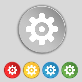 Cog settings, Cogwheel gear mechanism icon sign. Symbol on five flat buttons. illustration