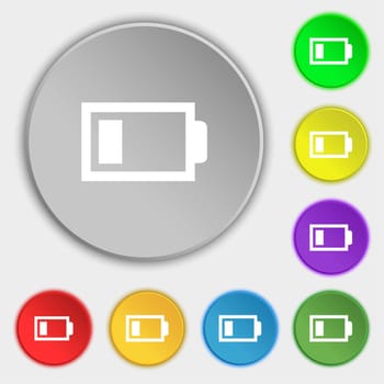 Battery low level sign icon. Electricity symbol. Symbols on eight flat buttons. illustration