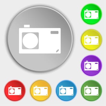 Photo camera sign icon. Digital symbol. Symbols on eight flat buttons. illustration