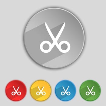 Scissors hairdresser sign icon. Tailor symbol. Set of colored buttons. illustration