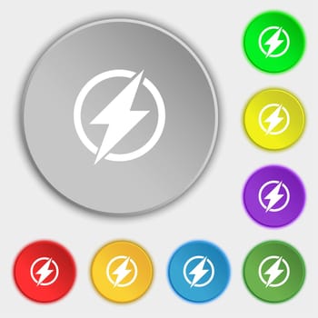 Photo flash sign icon. Lightning symbol. Symbols on eight flat buttons. illustration