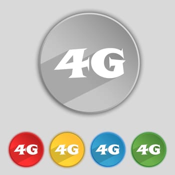 4G sign icon. Mobile telecommunications technology symbol. Set of colour buttons. illustration