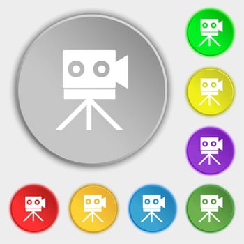 Video camera sign icon.content button. Symbols on eight flat buttons. illustration