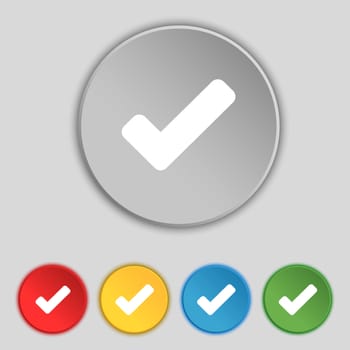 Check mark, tik icon sign. Symbol on five flat buttons. illustration