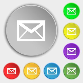 Mail icon. Envelope symbol. Message sign. navigation button. Symbols on eight flat buttons. illustration