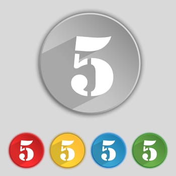 number five icon sign. Set of coloured buttons. illustration