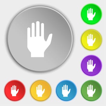 Hand print sign icon. Stop symbol. Symbols on eight flat buttons. illustration