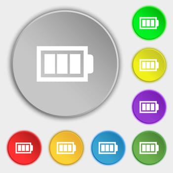 Battery fully charged sign icon. Electricity symbol. Symbols on eight flat buttons. illustration