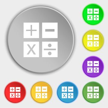 Multiplication, division, plus, minus icon Math symbol Mathematics. Symbols on eight flat buttons. illustration