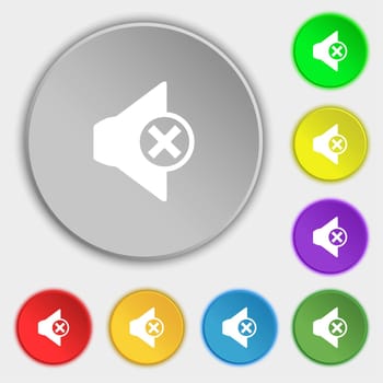 Mute speaker sign icon. Sound symbol.. Symbols on eight flat buttons. illustration