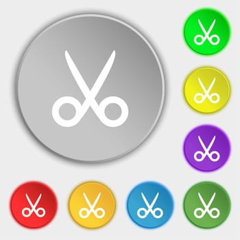 Scissors hairdresser sign icon. Tailor symbol. Symbols on eight flat buttons. illustration