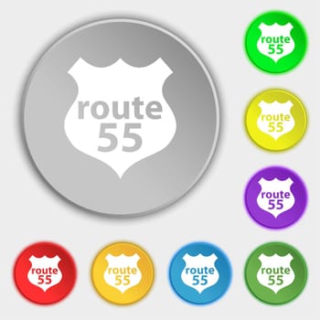 Route 55 highway icon sign. Symbols on eight flat buttons. illustration