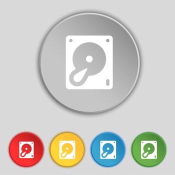 Hard disk and database icon sign. Symbol on five flat buttons. illustration