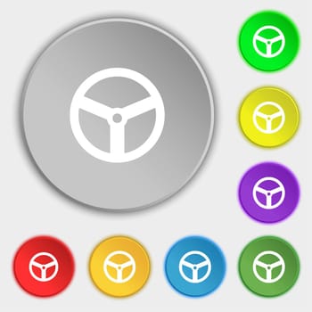 Steering wheel icon sign. Symbols on eight flat buttons. illustration