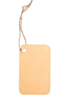 Blank tag tied with brown string isolated against a white background, clipping path