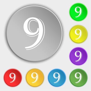 number Nine icon sign. Symbols on eight flat buttons. illustration