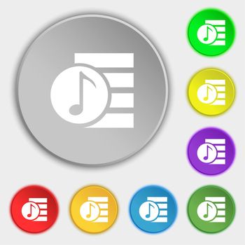 Audio, MP3 file icon sign. Symbols on eight flat buttons. illustration