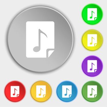 Audio, MP3 file icon sign. Symbols on eight flat buttons. illustration