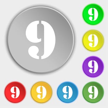 number Nine icon sign. Symbols on eight flat buttons. illustration