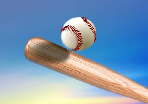 Baseball bat hitting ball under blue sky