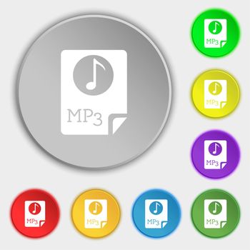 Audio, MP3 file icon sign. Symbols on eight flat buttons. illustration