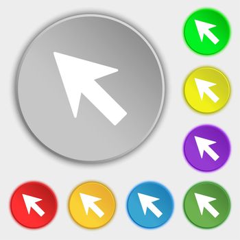 Cursor, arrow icon sign. Symbols on eight flat buttons. illustration