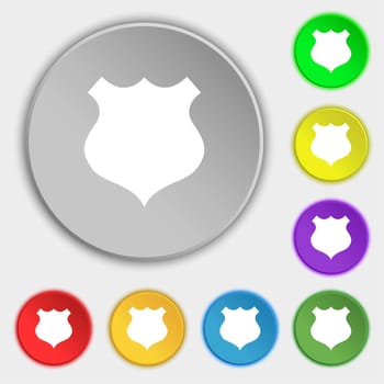 shield icon sign. Symbols on eight flat buttons. illustration