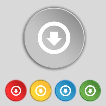 Arrow down, Download, Load, Backup icon sign. Symbol on five flat buttons. illustration