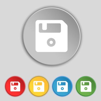 floppy icon sign. Symbol on five flat buttons. illustration
