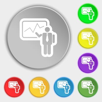 businessman making report icon sign. Symbol on eight flat buttons. illustration