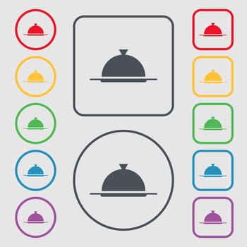 Food platter serving sign icon. Table setting in restaurant symbol. Symbols on the Round and square buttons with frame. illustration
