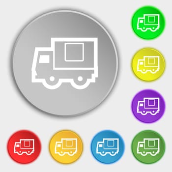 Delivery truck icon sign. Symbol on eight flat buttons. illustration