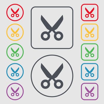 Scissors hairdresser sign icon. Tailor symbol. Symbols on the Round and square buttons with frame. illustration
