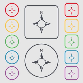 Compass sign icon. Windrose navigation symbol. Symbols on the Round and square buttons with frame. illustration