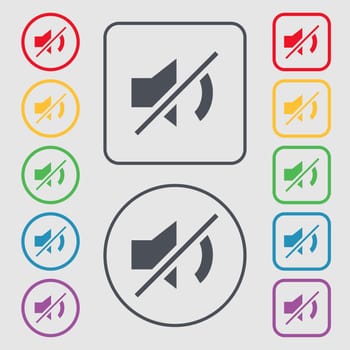 Mute speaker sign icon. Sound symbol.. Symbols on the Round and square buttons with frame. illustration