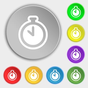 The stopwatch icon sign. Symbol on eight flat buttons. illustration
