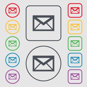 Mail icon. Envelope symbol. Message sign. navigation button. Symbols on the Round and square buttons with frame. illustration
