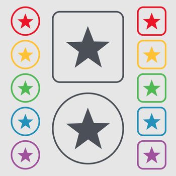 Star sign icon. Favorite button. Navigation symbol. Symbols on the Round and square buttons with frame. illustration