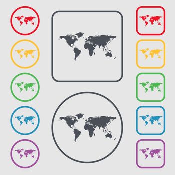 Globe sign icon. World map geography symbol. Symbols on the Round and square buttons with frame. illustration