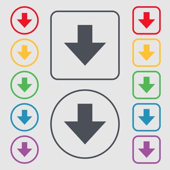 Download sign. Downloading flat icon. Load label. Symbols on the Round and square buttons with frame. illustration