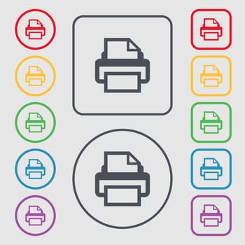 Print sign icon. Printing symbol. Symbols on the Round and square buttons with frame. illustration