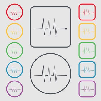 Cardiogram monitoring sign icon. Heart beats symbol. Symbols on the Round and square buttons with frame. illustration